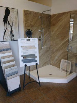 Solid Surface - Seamless 
Shower Enclosure 
"  Stella Stone  "
With 1/2 Inch Frameless 
Glass Shower Door!!
Available in multiple Colors.