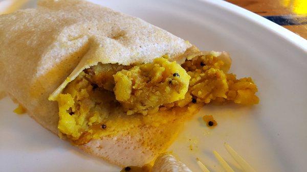 Interior of masala dosa ($9), made vegan w/sunflower oil. Tasty. Nicely done.