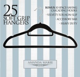 Soft Grip Velvet Black Hangers from Amanda Maree Homeware. Packs of 25 with 10 bonus cascading hooks. Available on Amazon