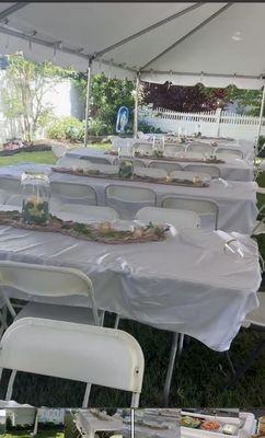 Long buffet table and 6 long tables and chairs