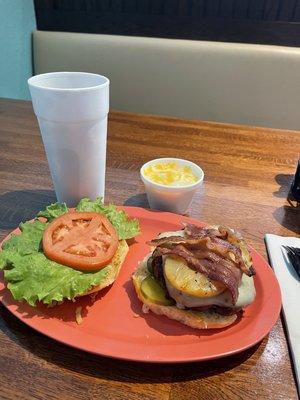 Root beer, cheesy mashed potatoes, and this burger. Wow!! I should have invited help. Could not eat it all. Thank you so much!