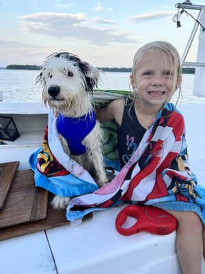 1st time swimming and drying off on the boat.