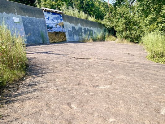 Looking from middle of rocky prints area to street bridge and dinosaur painting at end