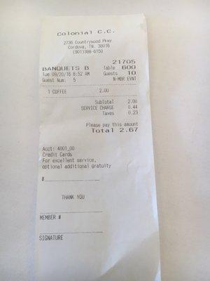 They are charging a $.44 "service charge" on a $2 coffee. Then charging tax on it. Then they want you to write a tip on a cash receipt!