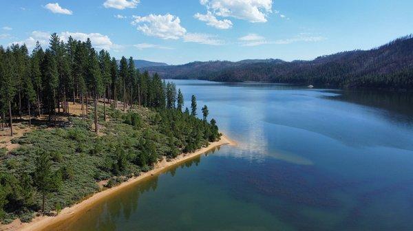 Drone photo of Butt Reservoir at about 300 feet above Ponderosa Flat Campground.