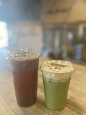 ICED Strawberry Mocha Almond milk Latte & Pumpkin Cold Foam Matcha w/ Oatmilk