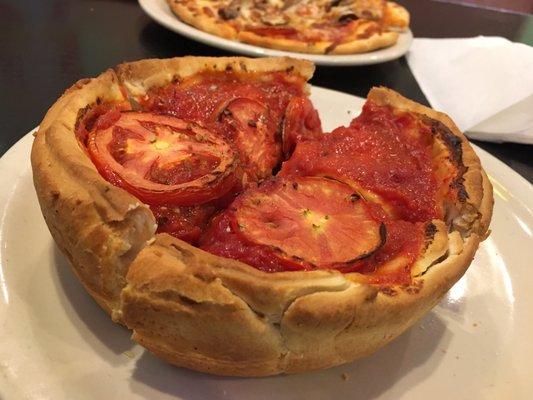 Deep dish personal size. Roasted tomatoes on top was a nice touch.