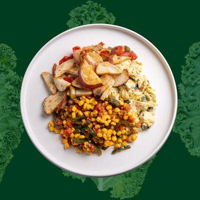 Garden Scrambled Egg Bowl (V) with Roasted Potatoes and Fire Roasted Corn and Peppers