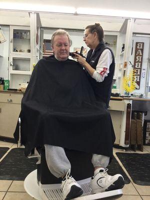 Miss Althea is working at GULFWAY Barber shop she has been doing men's haircuts in Corpus Christi sense 1994