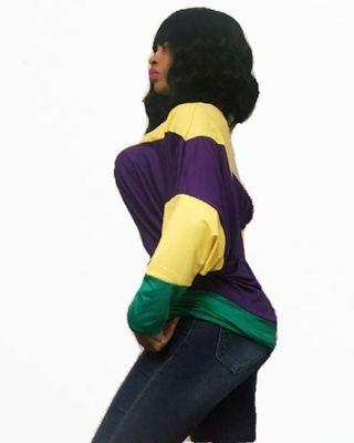 Mardi Gras Color Block top Available instore and online. Visit the website @ www.cassiesdesirabletemptations.com