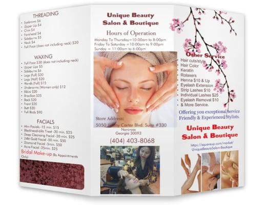 Unique Beauty Salon & Boutique Service Plan and Prices.