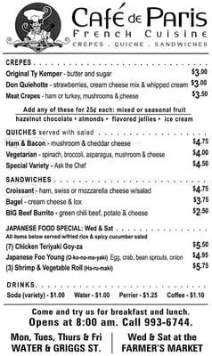 Cafe de Paris Menu, Las Cruces, NM