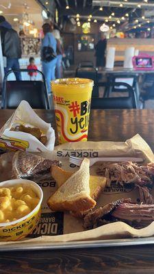 The two meat plate: Brisket & Pulled Pork with Mac & Cheese and okra. Added on Pecan Pie