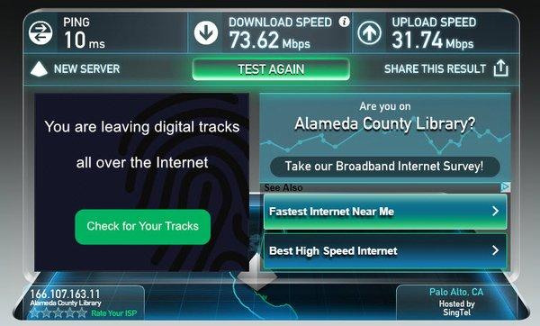 70+ Mbps down and 30+ Mbps up? Give this library a ticket, it's almost TOO fast lol. Runs circles on Google/Starbucks wifi, ATT and Comcast!