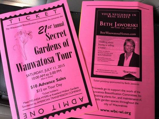 "Gardening Angel", docent on annual Garden Tour + sponsor of the ticket printing every year