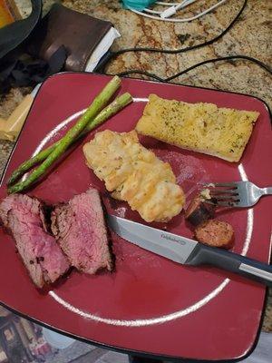 Finished Product. Tri Tip, Twice Baked, and Sausage from Overland.  Also some asparagus and garlic bread.