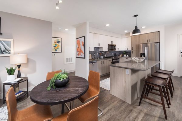 Model Pewter Design Package Living Room and Kitchen at North at Totem Lake Apartments in Kirkland WA