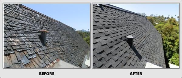 Roof over to cover wood shingles that are no longer allowed in the city of Beverly Hills.