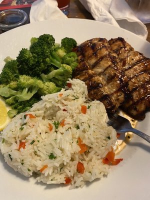 Whiskey Fridays Signature Whiskey-glazed Chicken breast with Lemon-butter Broccoli and Jasmine Rice Pilaf