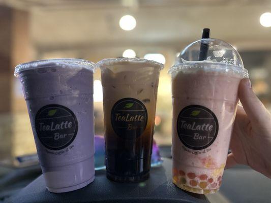 Taro smoothie, Thai tea latte w/mini pearls (boba), strawberry mango smoothie with strawberry and mango bursting bubbles! Yum!