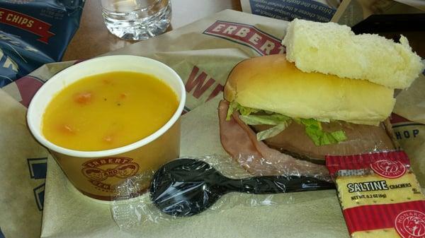 Comet Candy (roast beef & ham) and Wisconsin beer cheese soup. Half sandwich and soup combo $7.