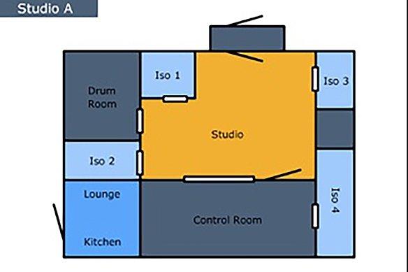 Studio A & B, each over a 1000sq.ft   Image is the floor plan for Studio A, Studio B large open space can hold up to 40 musicians