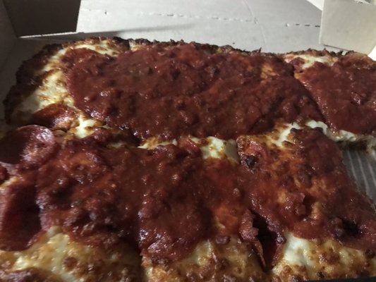 Detroit style pepperoni pizza