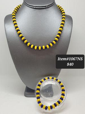 Blue and yellow glass beaded necklace set