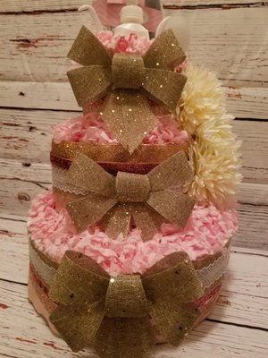 Baby Girl Pink and Burlap Diaper Cake- 3 Tiers