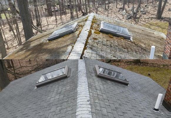 Before and after! Soft washing to remove mold, moss and lichen from asphalt roof in Darien, CT.