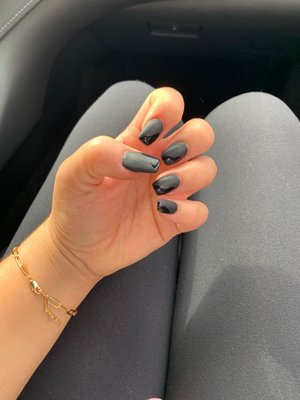 Black Matte coffin nails with gloss accent dip powder. My absolute favorite!!!!