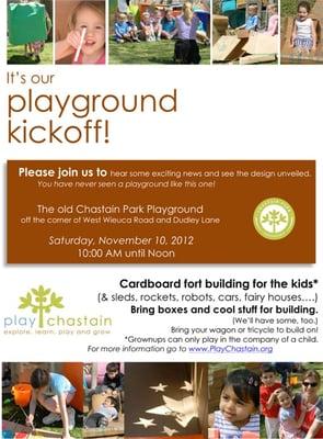 Come check out our new playground design Saturday 11/10 at 10 AM - fun for children of all ages!