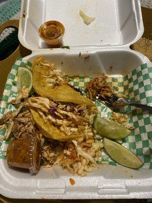 This is 3 chicken tacos. Ooops I ate one nice and meaty. Nice flavor! I will return when I'm in the mood for chicken tacos ...