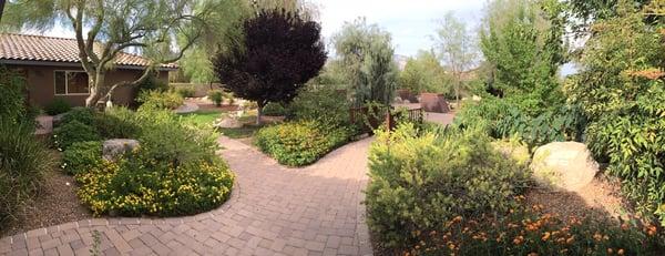 A panoramic shot of lush and welcoming gardens and flowing water that all three buildings share.