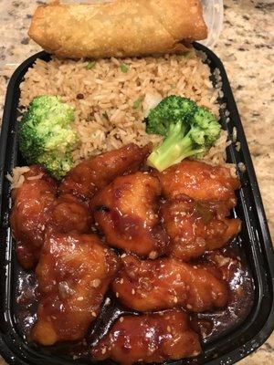 Sesame chicken combo - comes with fried rice, some broccoli and an egg roll (pork). Again, decent value & the chicken is decent/good quality