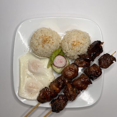 Chicken Barbecue Silog. Served with 2 eggs and Garlic Rice!