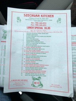 Lunch special menu as of 4/2018