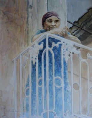 Watercolor  "On the Balcony"