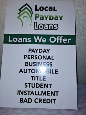 Payday Loan sign with types of loan offers