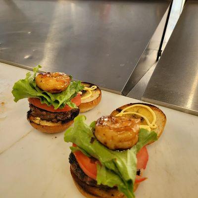 Surf & Turf Sliders! Angus Beef with Jumbo Shrimp with our Coco Sauce...