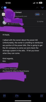 owner of this property will not compensate any portion of the electric bill that jumped 57% in one month as a result of their negligence.