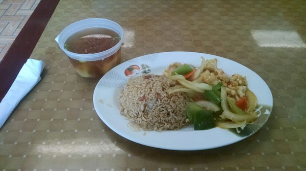 My lunchtime favorite. Curry chicken with pork fried rice and wonton soup.