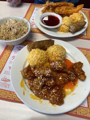 Sweet & sour chicken, orange chicken, and side of lo-Mein.