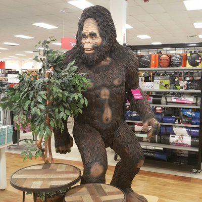 And here he is. A 9 foot Bigfoot. I love how they placed him as if he was coming out from behind a tree.