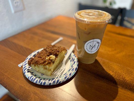 Cold brew with oat milk & cinnamon coffee cake