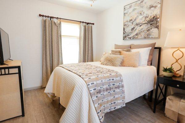 Model bedroom in the Lofts at Mercer Landing.