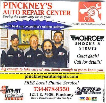 At Pinckney's Auto Repair we are a full service repair facility that utilizes the latest in diagnostic equipment and computer...