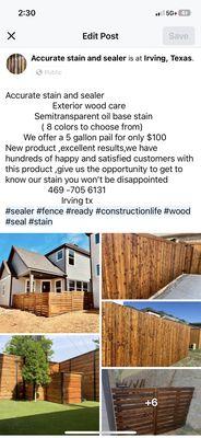 Accurate stain and sealer   Exterior wood care  469 705 6131