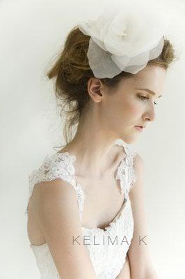 rose peony hair flower with lace and silk organza dress from the "Love Letters" Collection