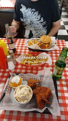 Fried chicken basket, fry basket, and Jim beam maple bourbon burger with fries.